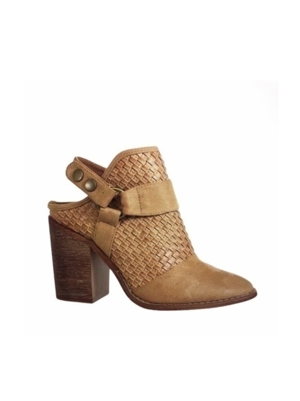 Beige Woven Chunky Heel Slingback Booties 8.5 Almond Toe Mule Ankle Boots Boho
